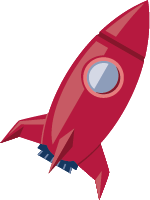 Red cartoon rocket ship angled upward with blue flames at the bottom