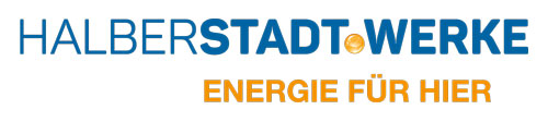 HALBERSTADTWERKE logo in blue with a small sun icon in WERKE and the orange slogan 'ENERGIE FÜR HIER' beneath.