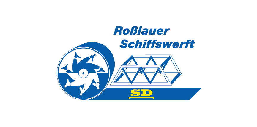 Logo for RoBlauer Schiffswerf shipyard featuring a stylized propeller circle on the left, a geometric ship frame in the center, and a blue ribbon with yellow 'SD' at the bottom.