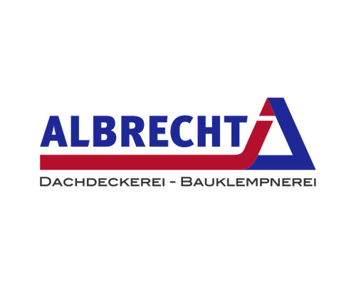Logo for Albrecht Dachdeckerei – Bauklempnerei, with blue 'ALBRECHT' text, a red line and blue-red triangular emblem