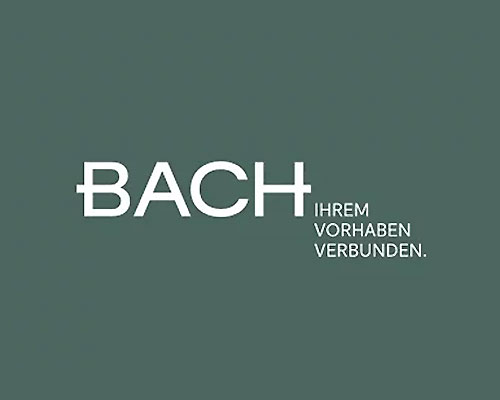 BACH logo with the phrase 'IHR VORHABEN VERBUNDEN' on a muted green background.