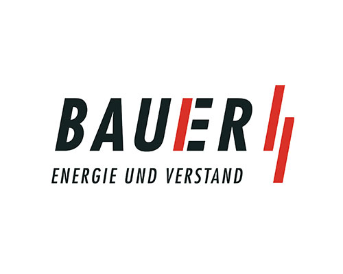 BAUER logo with black lettering and red accent marks, tagline Energie und Verstand beneath.