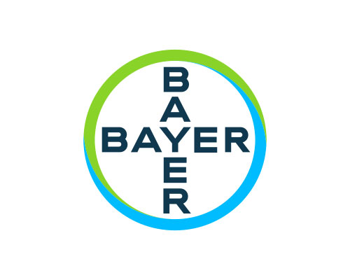 Bayer logo: circular gradient ring from green to blue enclosing the blue BAYER wordmark arranged vertically.