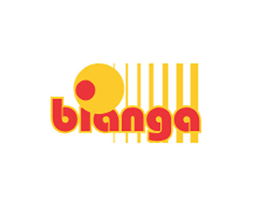 Brand logo for Banga featuring a yellow circle with a red dot and the word 'banga' in red, set against barcode-like vertical lines behind it.