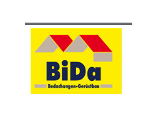 BiDa logo: yellow background with red/gray roof shapes above the word 'BiDa' and the caption 'Bedachungen-Gerüstbau'