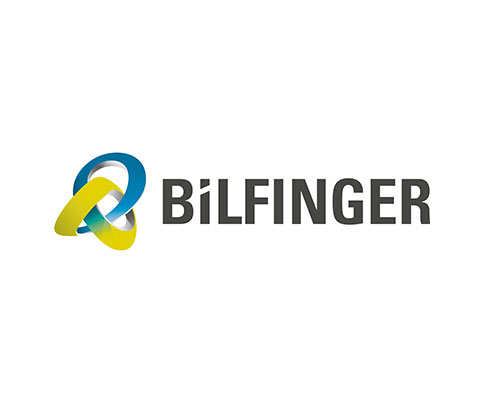 Bilfinger logo: three interwoven ribbons in blue, yellow, and gray to the left of the bold gray word 'BILFINGER'