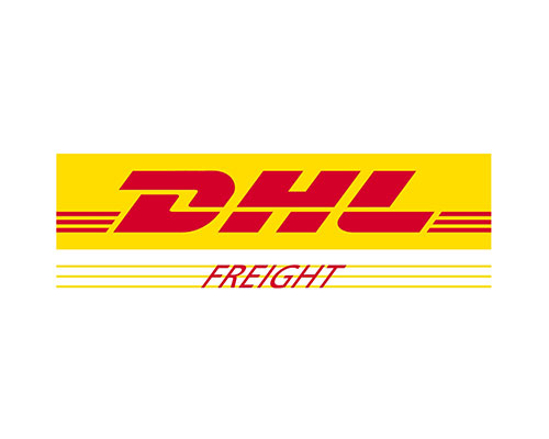 DHL Freight logo on a yellow background with red lettering and stripes.