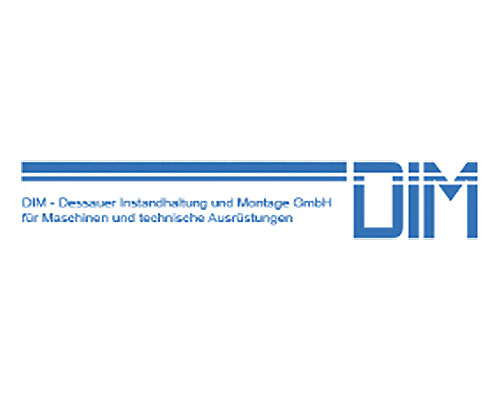 Blue DIM logo featuring two horizontal lines and the letters DIM, representing DIM – Dessauer Instandhaltung und Montage GmbH.