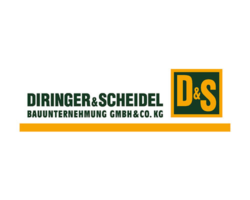 Logo for DIRINGER & SCHEIDEL Bauunternehmung GmbH & Co. KG with green text, orange underline, and a D&S monogram in a green/yellow square.