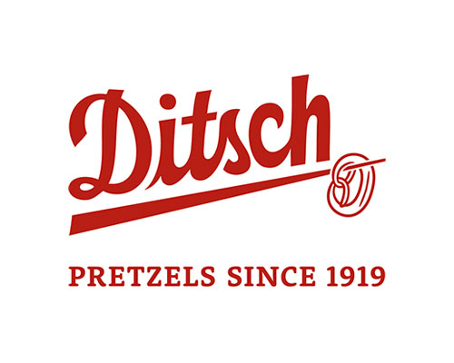 Ditsch logo in red script with a pretzel emblem and the caption 'Pretzels since 1919' underneath.