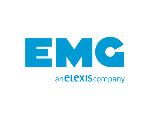 EMG logo in blue with the tagline 'an eLEXIS company'