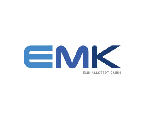 Blue EMK logo with stylized E, M, K and small 'EMK ALLSTEDT GMBH' text on white background