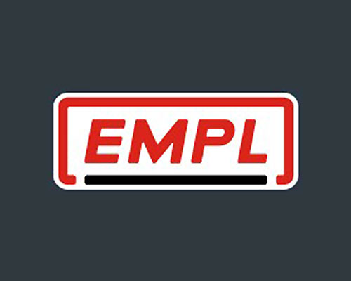 Logo: red EMPL text inside a white rounded rectangle with a red border and a black underline on a dark gray background