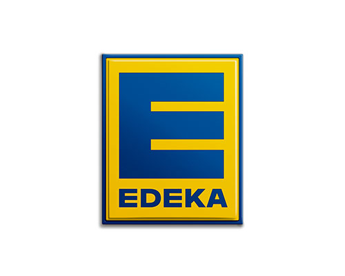EDEKA logo: blue E on a yellow square with bold 'EDEKA' text below.