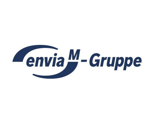 Logo of enviaM-Gruppe in blue with curved swooshes surrounding the text