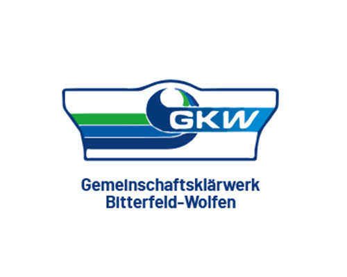 Logo for Gemeinschaftsklärwerk Bitterfeld-Wolfen (GKW) with blue circular emblem and green-blue stripes.
