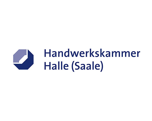 Logo of Handwerkskammer Halle (Saale): blue geometric icon to the left of the text 'Handwerkskammer Halle (Saale)'.