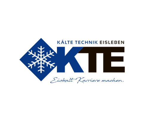 Company logo for Kälte Technik Eisleben (KTE) featuring a blue diamond with a snowflake, bold KTE lettering, and the tagline "Eiskalt Karriere machen."