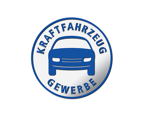 Circular emblem featuring a blue car silhouette at the center with a blue border and the words KRAFTFAHRZEUG GEWERBE around the edge
