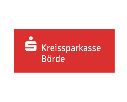 Kreissparkasse Börde logo: white emblem and the text on a red rectangle background.