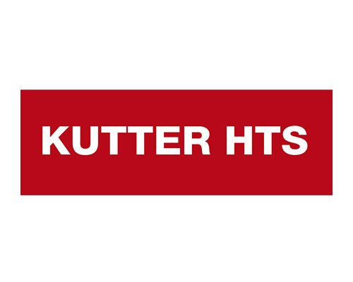 Logo with white bold text 'KUTTER HTS' on a red rectangular background.