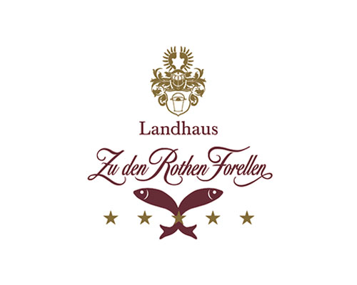 Logo for Landhaus Zu den Rothen Forellen featuring a gold heraldic crest above maroon script and two crossing red trout beneath, with five gold stars.