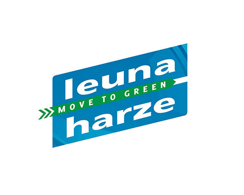 Leuna Harze logo: blue rounded rectangle with white 'leuna' and 'harze' text and a green diagonal ribbon 'MOVE TO GREEN'.
