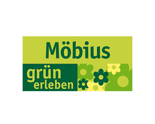 Logo for Möbus with lime and dark green blocks and a floral pattern; text reads 'Möbus grün erleben'.