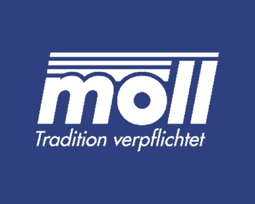 MOLL logo in white on a blue background with the slogan 'Tradition verpflichtet'.