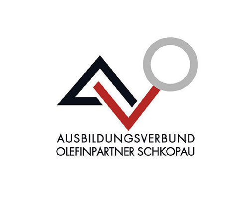 Logo for Ausbildungsverbund Olefinpartner Schkopau: abstract navy triangle and red chevron forming a V with a gray circle to the right.
