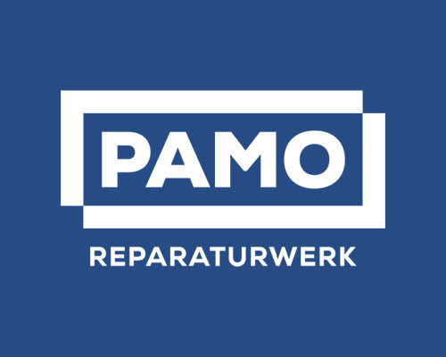PAMO Reparaturwerk logo on a blue background with a white framed graphic around the text.