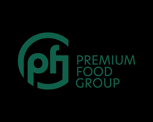 Premium Food Group logo with a green PFG monogram inside a circular arc on a black background