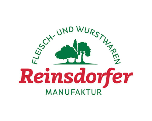 Brand logo for Reinsdorfer Fleisch- und Wurstwaren Manufaktur with red script 'Reinsdorfer', green curved text and a tree illustration