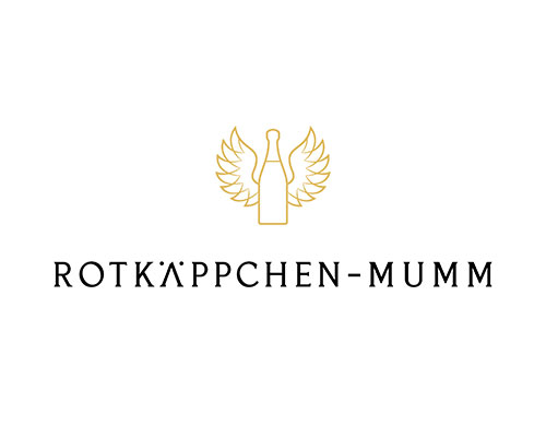 Rotkäppchen-Mumm logo: a gold bottle with stylized wings above the brand name centered beneath