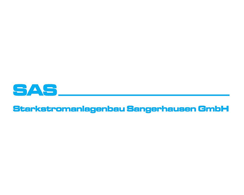 SAS company logo in blue, featuring the word 'SAS' with a horizontal line and the line 'Starkstromanlagenbau Sangerhausen GmbH' below.