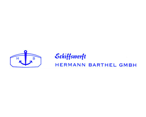 Blue logo featuring an anchor inside a shield on the left and the text 'Schiffswerft HERMANN BARTHEL GMBH' in blue on a white background.