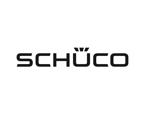 Schüco logo in black with umlaut over the U