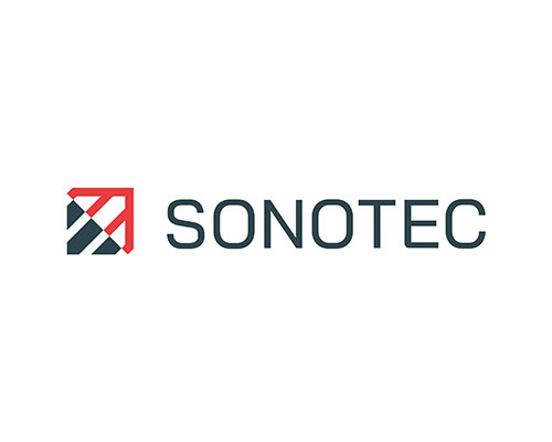 SONOTEC logo: geometric red-and-navy icon to the left of the word SONOTEC in dark blue letters