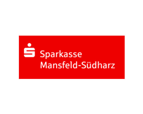 Sparkasse Mansfeld-Südharz bank logo on a red rectangle with the white Sparkasse emblem and text