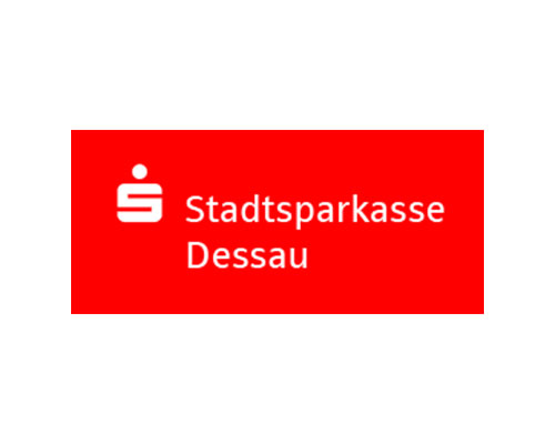Stadtsparkasse Dessau logo: white emblem and text on a red rectangle