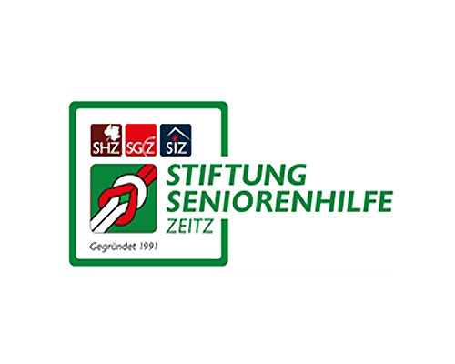 Logo of Stiftung Seniorenhilfe ZeitZ, featuring three small emblems (SHZ, SGZ, SIZ) inside a green frame and the text 'Gegründet 1991'.