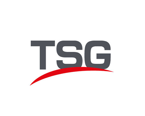 TSG logo: gray uppercase letters with a red curved swoosh beneath the text.