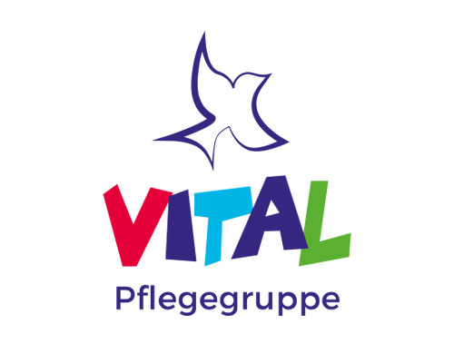 Vital Pflegegruppe logo featuring a purple abstract bird above colorful letters spelling VITAL and the word Pflegegruppe.
