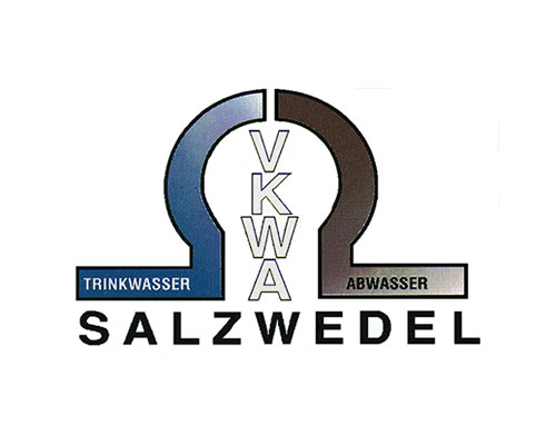 KVKA Salzwedel logo for drinking water and wastewater services, with a blue-to-brown arch and 'Trinkwasser' and 'Abwasser' banners