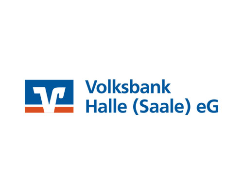 Volksbank Halle (Saale) eG logo with a blue square emblem (white V) and orange stripe, followed by blue text.