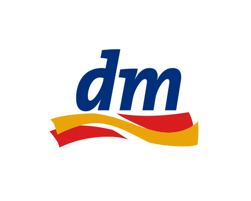 dm logo: blue lowercase 'dm' with a red and yellow wavy ribbon beneath on a white background