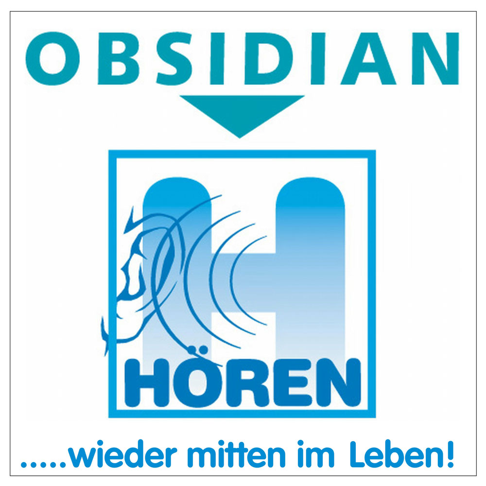 Logo for Obsidian Hören: large blue 'H' with wave arcs and a person silhouette, framed in a blue square, plus the slogan '... wieder mitten im Leben!'