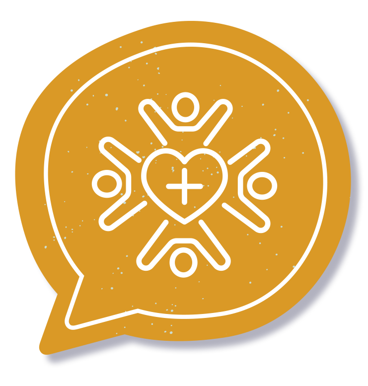 Orange speech-bubble icon with a white heart and plus sign at the center, surrounded by abstract stick-figures, symbolizing community health support in a chat context.