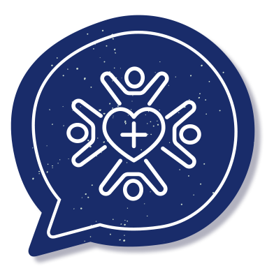 Blue chat-bubble logo featuring a white heart with a plus sign at center, surrounded by stylized people figures to represent community health support.