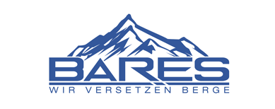 BARES logo featuring blue mountain peaks above the word BARES and the tagline Wir Versetzen Berge.